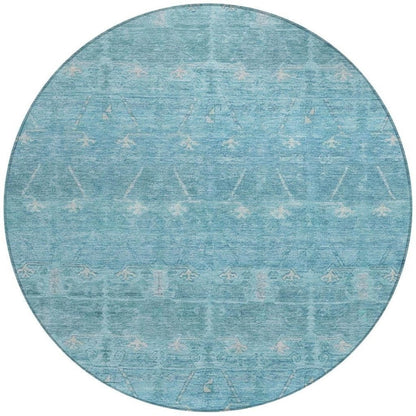 8' Blue And Teal Blue Round Tribal Washable Indoor Outdoor Area Rug HomeRoots
