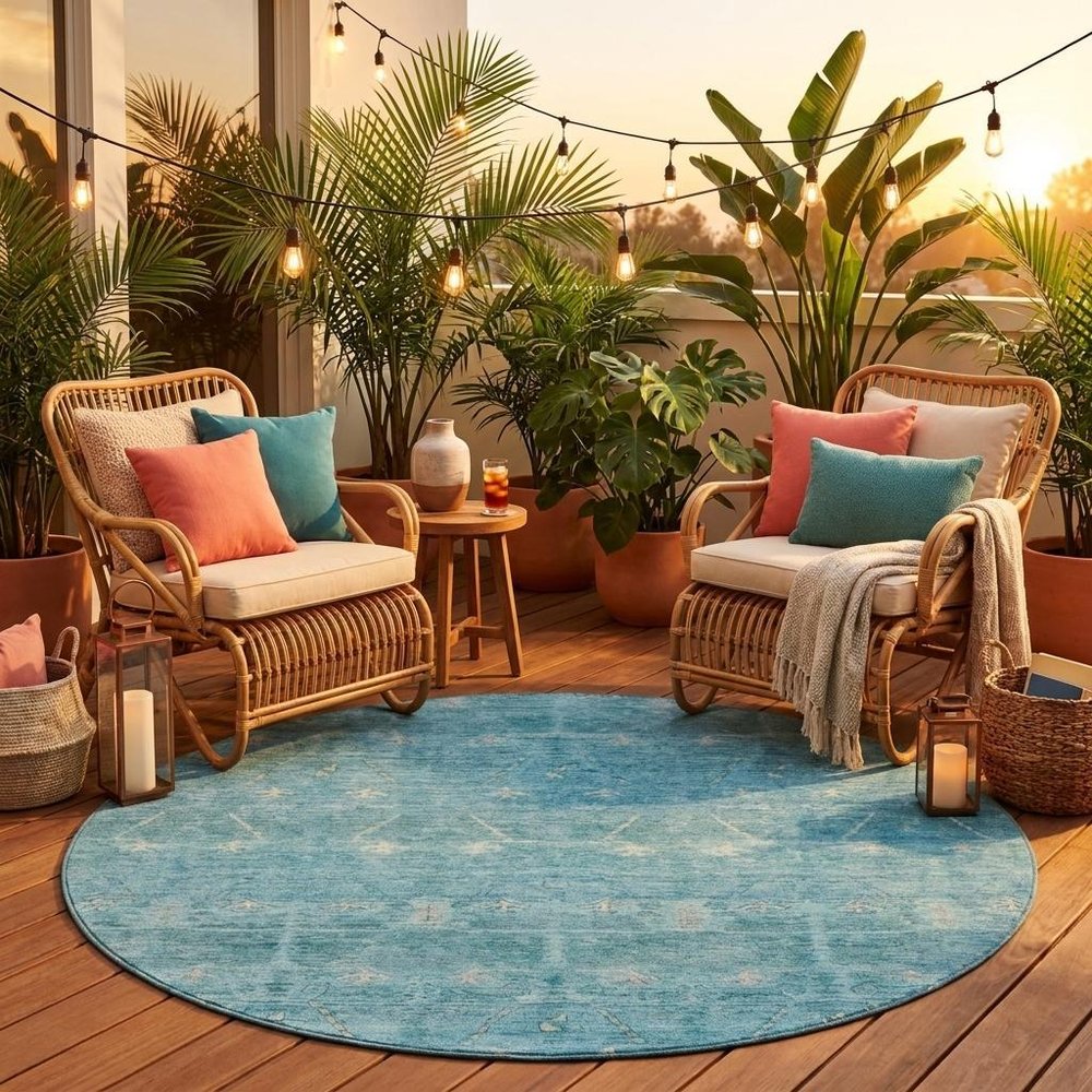 8' Blue And Teal Blue Round Tribal Washable Indoor Outdoor Area Rug HomeRoots