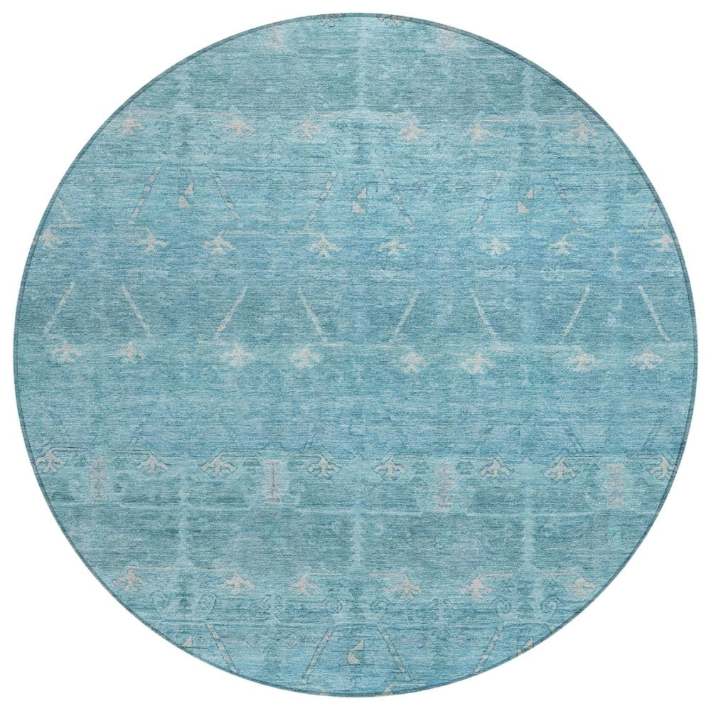 8' Blue And Teal Blue Round Tribal Washable Indoor Outdoor Area Rug HomeRoots