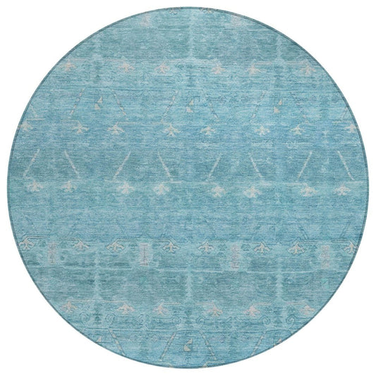 8' Blue And Teal Blue Round Tribal Washable Indoor Outdoor Area Rug