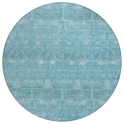 8' Blue And Teal Blue Round Tribal Washable Indoor Outdoor Area Rug HomeRoots