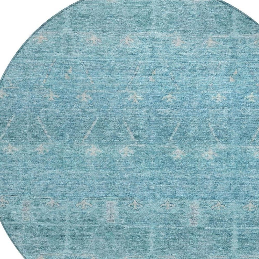 8' Blue And Teal Blue Round Tribal Washable Indoor Outdoor Area Rug — view 6