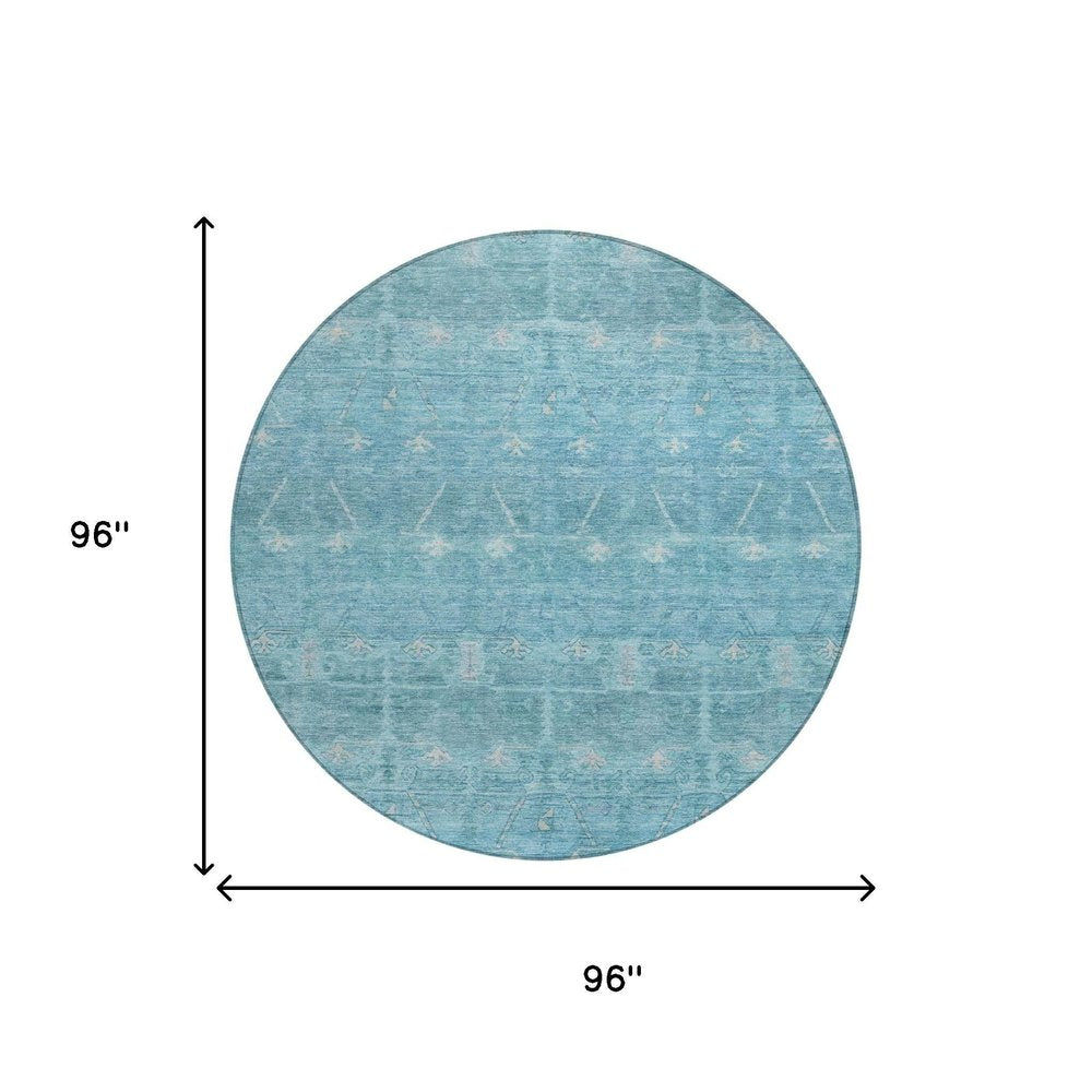 8' Blue And Teal Blue Round Tribal Washable Indoor Outdoor Area Rug HomeRoots