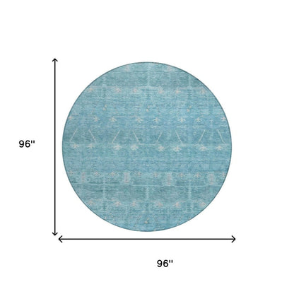 8' Blue And Teal Blue Round Tribal Washable Indoor Outdoor Area Rug HomeRoots