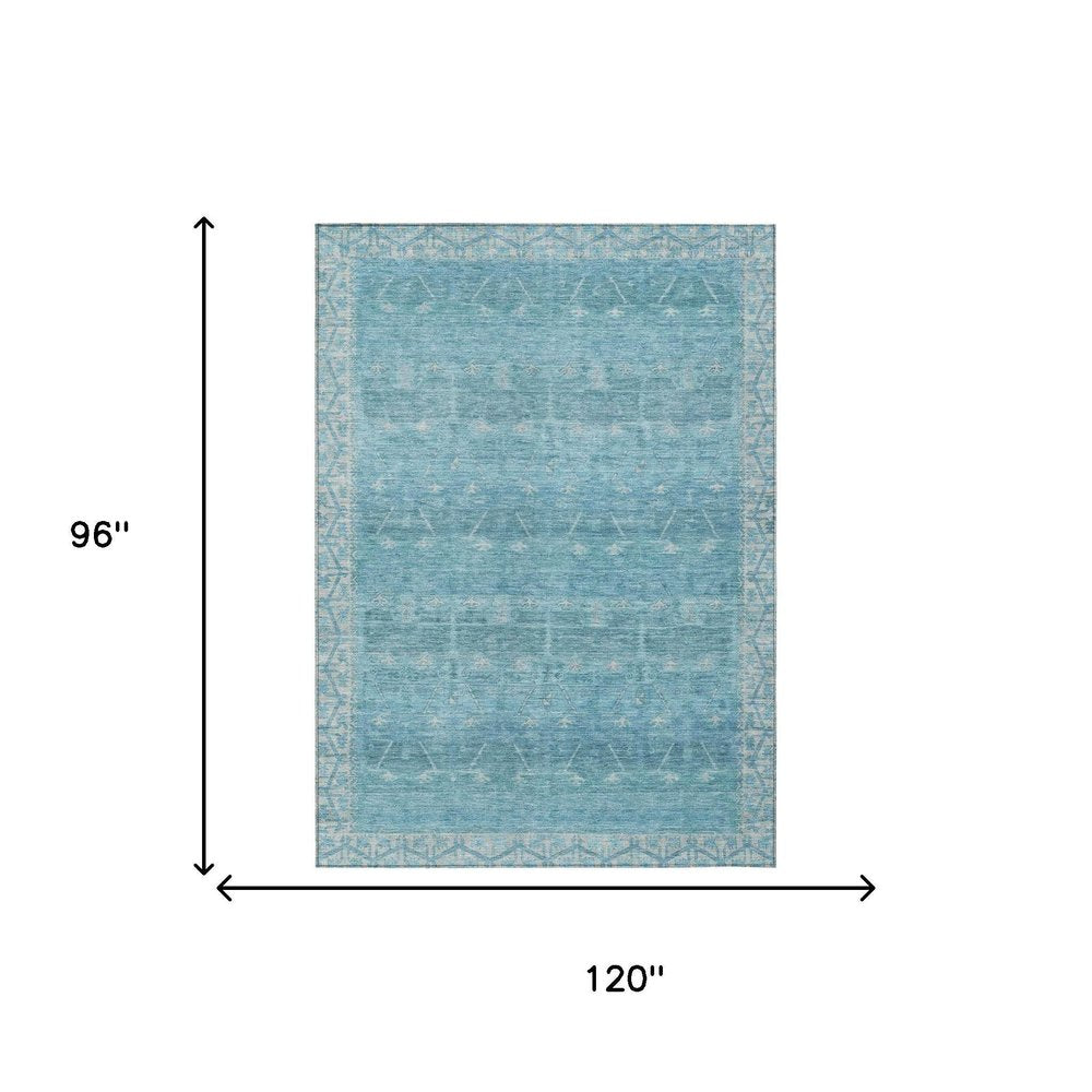 8' X 10' Blue And Teal Blue Tribal Washable Indoor Outdoor Area Rug — view 4