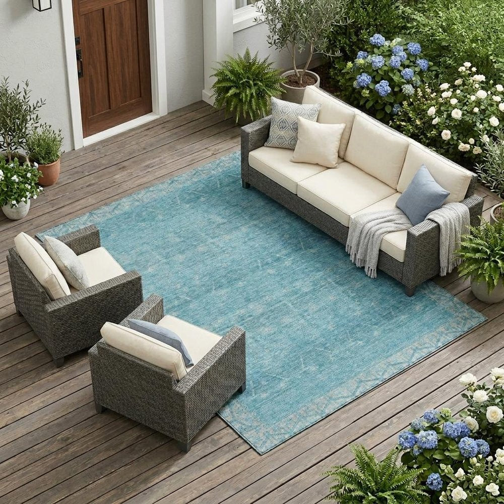 8' X 10' Blue And Teal Blue Tribal Washable Indoor Outdoor Area Rug — view 5