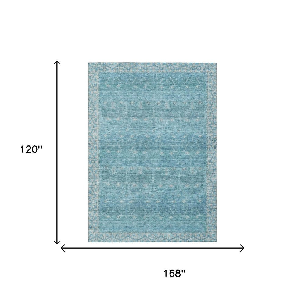 10' X 14' Blue And Teal Blue Tribal Washable Indoor Outdoor Area Rug — view 4