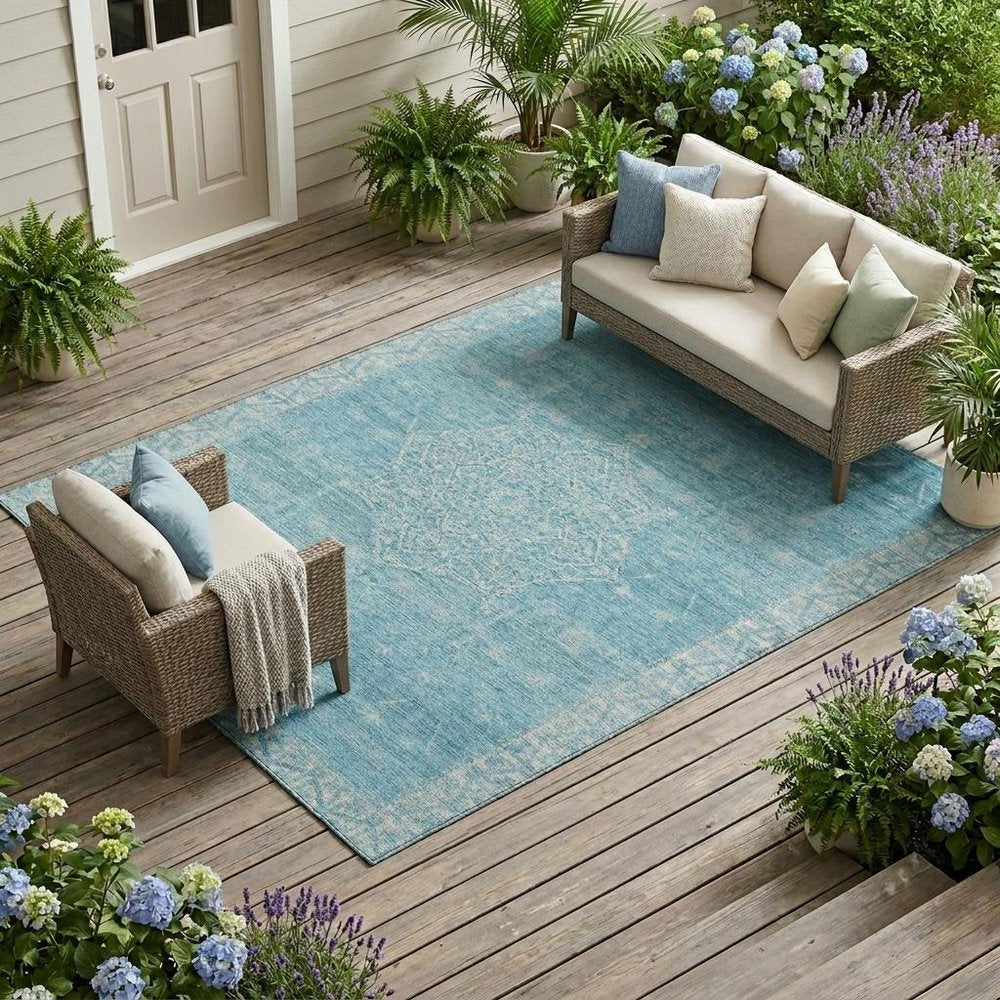 10' X 14' Blue And Teal Blue Tribal Washable Indoor Outdoor Area Rug — view 5