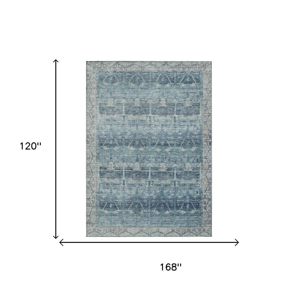 10' X 14' Denim Blue And Blue Tribal Washable Indoor Outdoor Area Rug HomeRoots