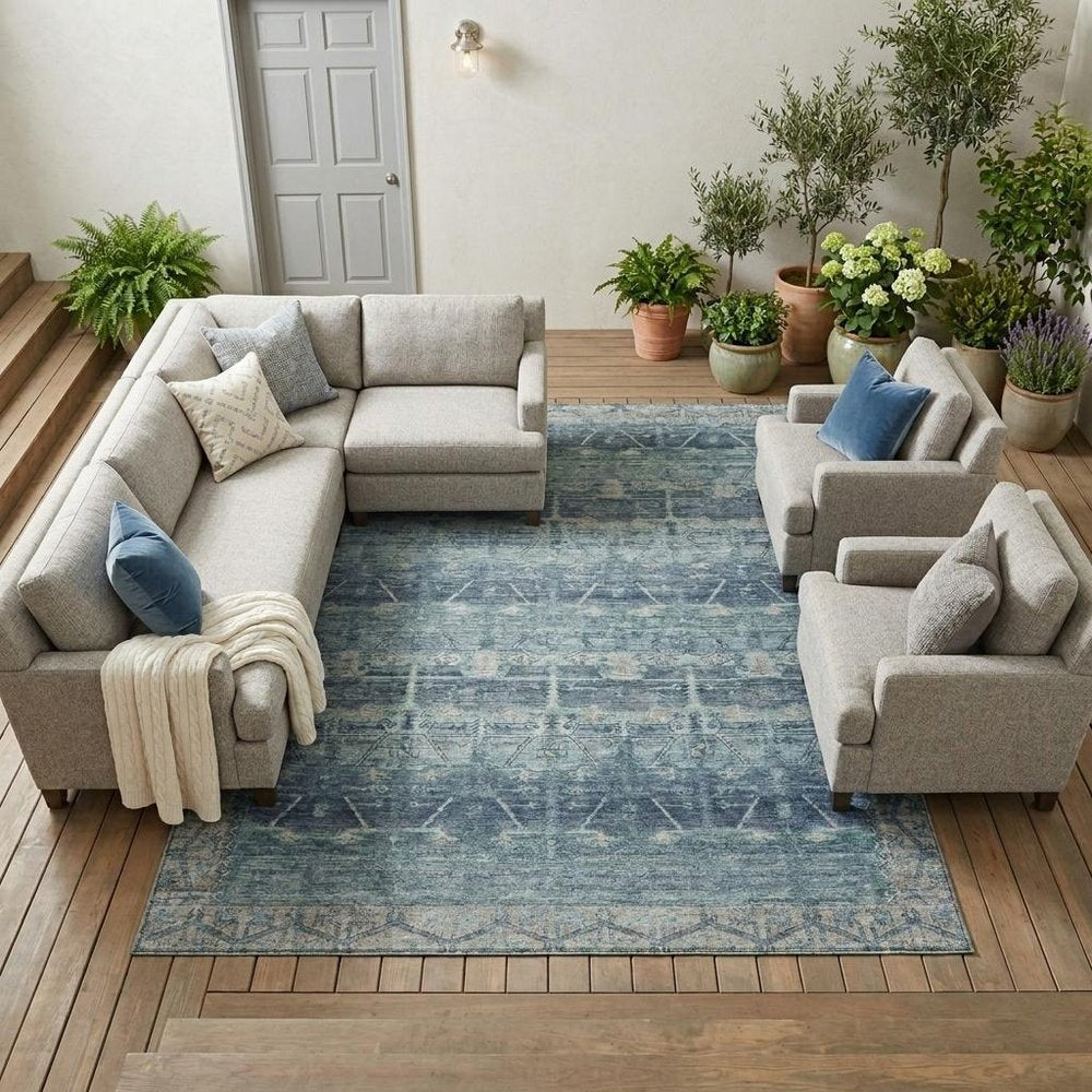 10' X 14' Denim Blue And Blue Tribal Washable Indoor Outdoor Area Rug HomeRoots