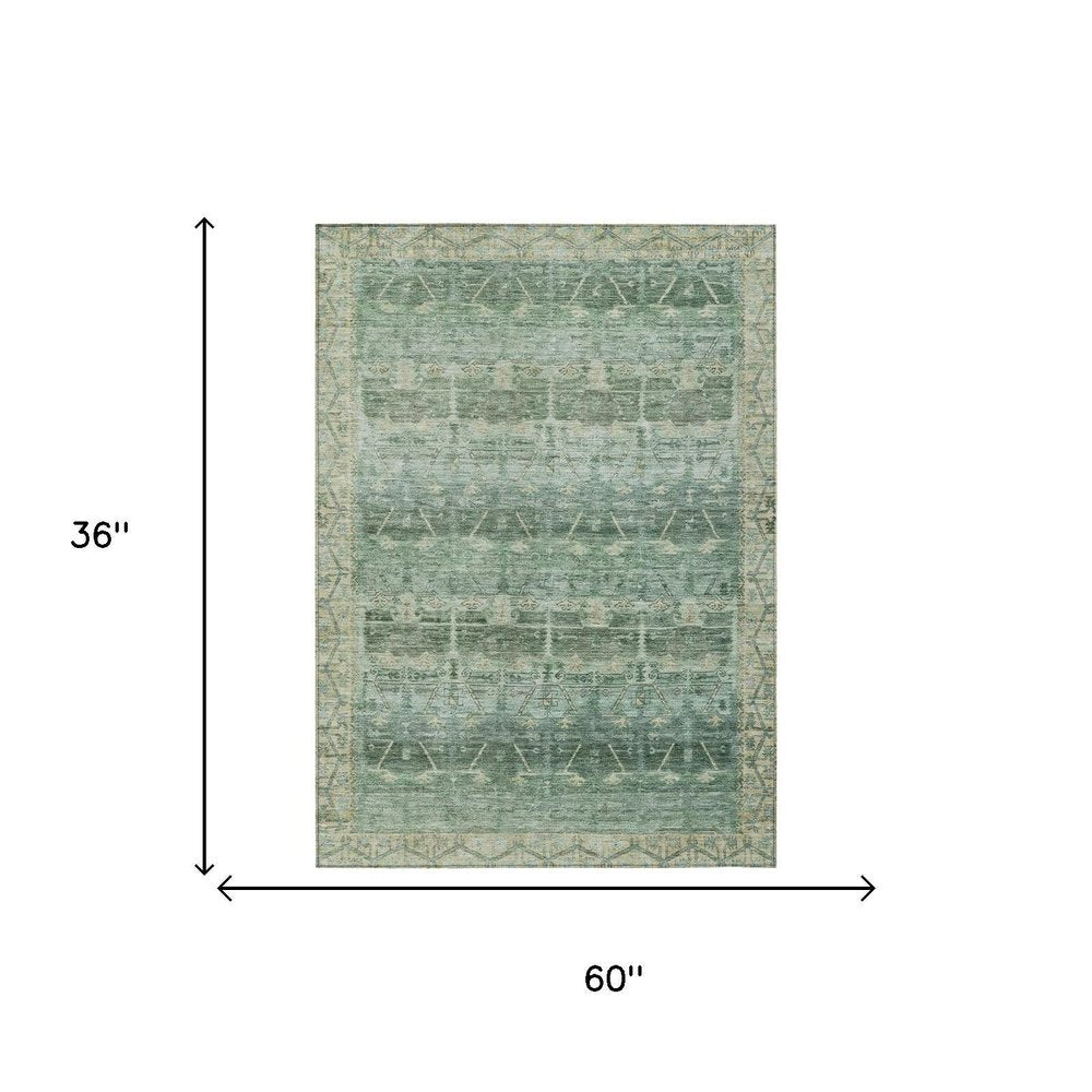 3' X 5' Fern Green And Green Tribal Washable Indoor Outdoor Area Rug HomeRoots