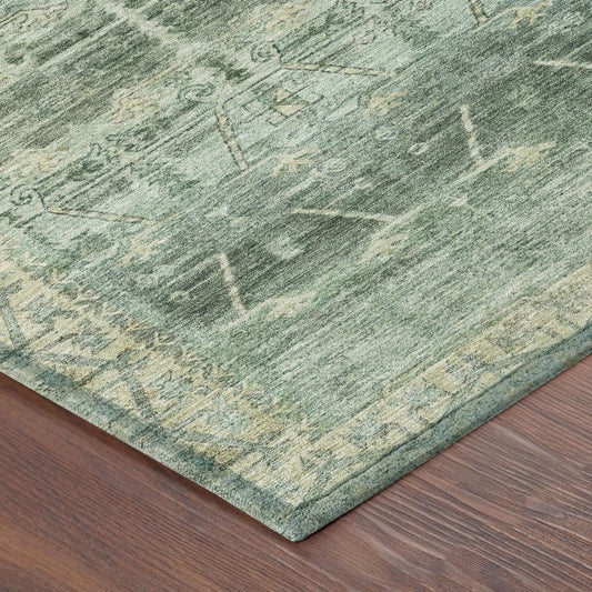 5' X 8' Fern Green And Green Tribal Washable Indoor Outdoor Area Rug