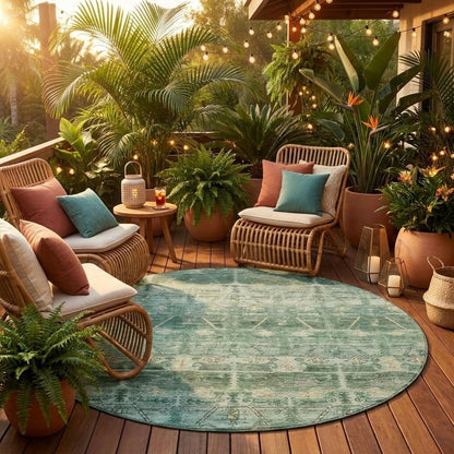 8' Fern Green And Green Round Tribal Washable Indoor Outdoor Area Rug