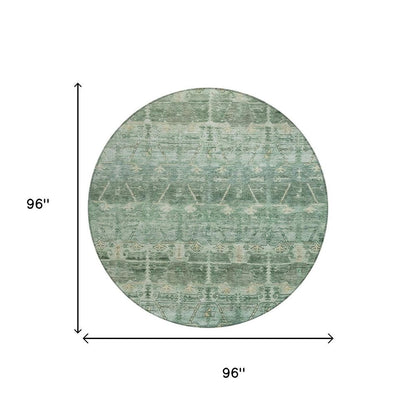 8' Fern Green And Green Round Tribal Washable Indoor Outdoor Area Rug
