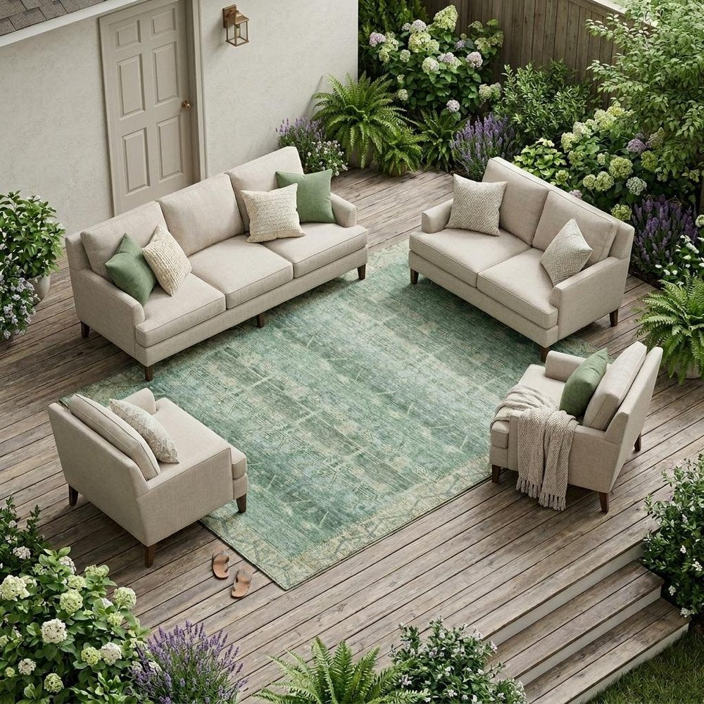 10' X 14' Fern Green And Green Tribal Washable Indoor Outdoor Area Rug — view 5