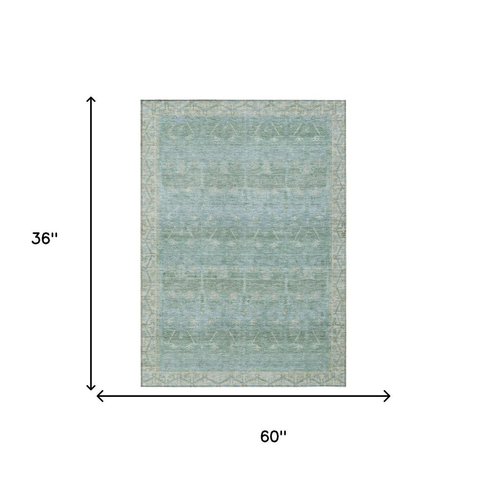 3' X 5' Mint Green And Green Tribal Washable Indoor Outdoor Area Rug — view 4