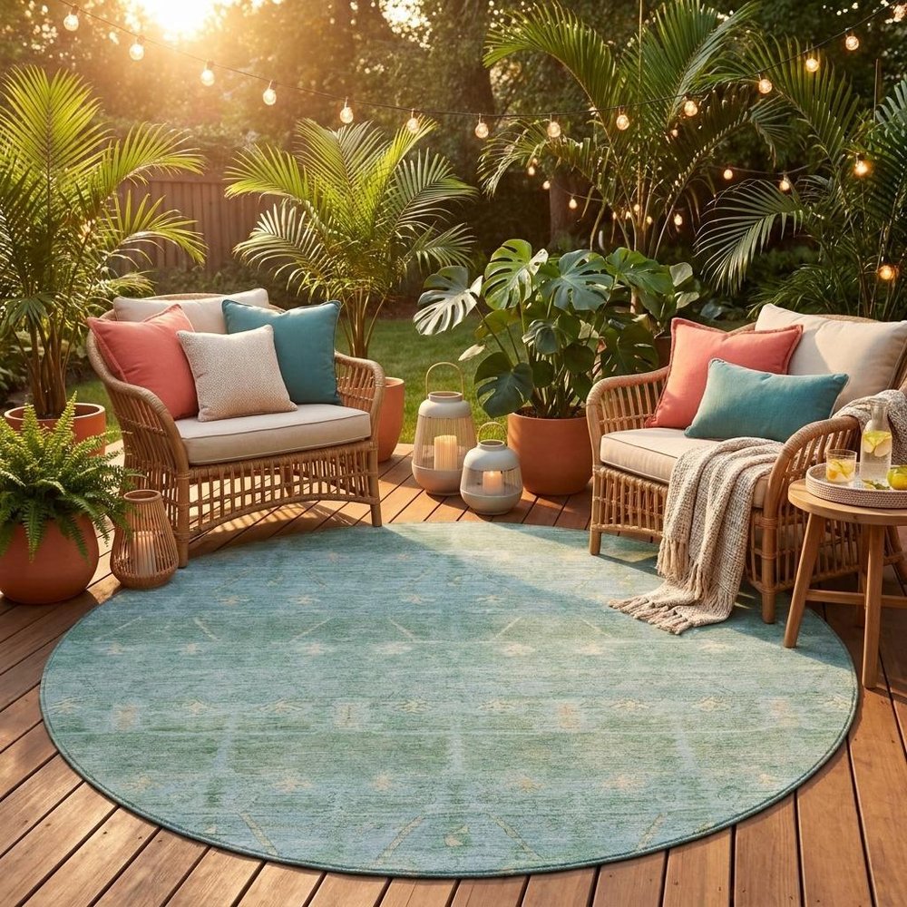 8' Mint Green And Green Round Tribal Washable Indoor Outdoor Area Rug HomeRoots