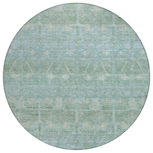 8' Mint Green And Green Round Tribal Washable Indoor Outdoor Area Rug