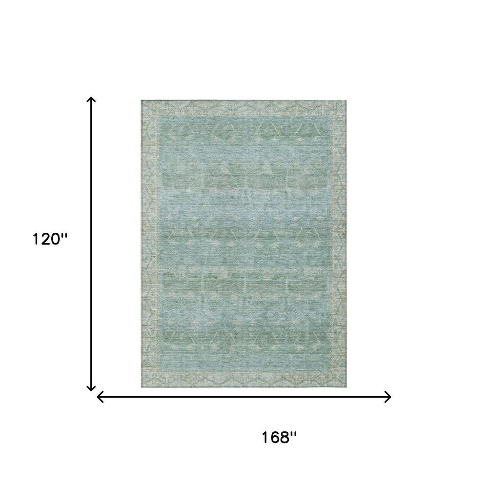 10' X 14' Mint Green And Green Tribal Washable Indoor Outdoor Area Rug HomeRoots