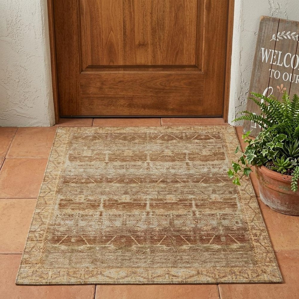 3' X 5' Orange And Copper Tribal Washable Indoor Outdoor Area Rug — view 5