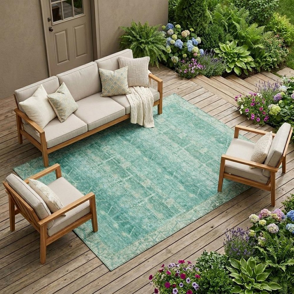 8' X 10' Teal Blue And Blue Tribal Washable Indoor Outdoor Area Rug HomeRoots