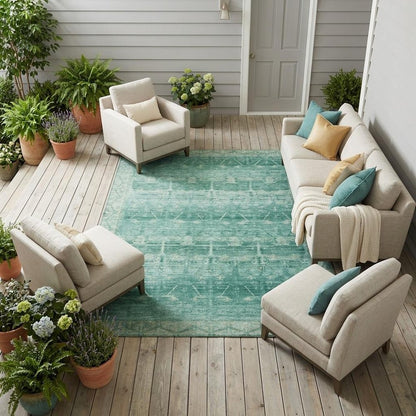9' X 12' Teal Blue And Blue Tribal Washable Indoor Outdoor Area Rug HomeRoots