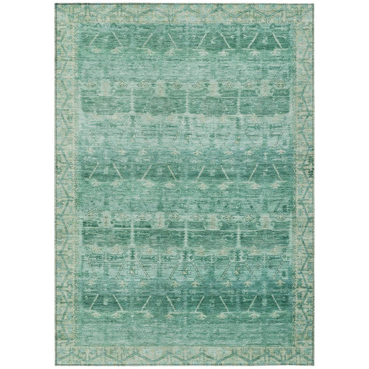 9' X 12' Teal Blue And Blue Tribal Washable Indoor Outdoor Area Rug