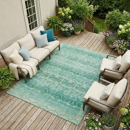 10' X 14' Teal Blue And Blue Tribal Washable Indoor Outdoor Area Rug HomeRoots