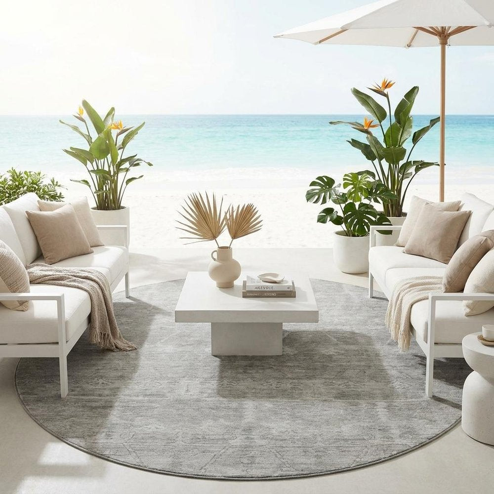 8' Taupe And Brown Round Tribal Washable Indoor Outdoor Area Rug — view 7