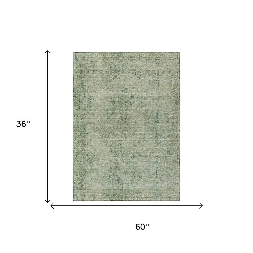 3' X 5' Green And Sage Oriental Washable Indoor Outdoor Area Rug HomeRoots