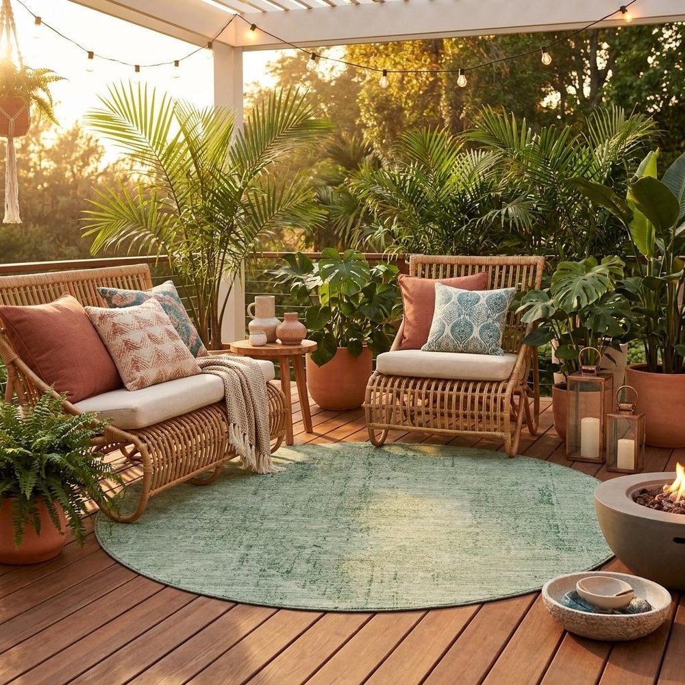 8' Green And Sage Round Oriental Washable Indoor Outdoor Area Rug — view 7