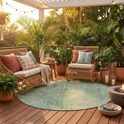 8' Green And Sage Round Oriental Washable Indoor Outdoor Area Rug HomeRoots