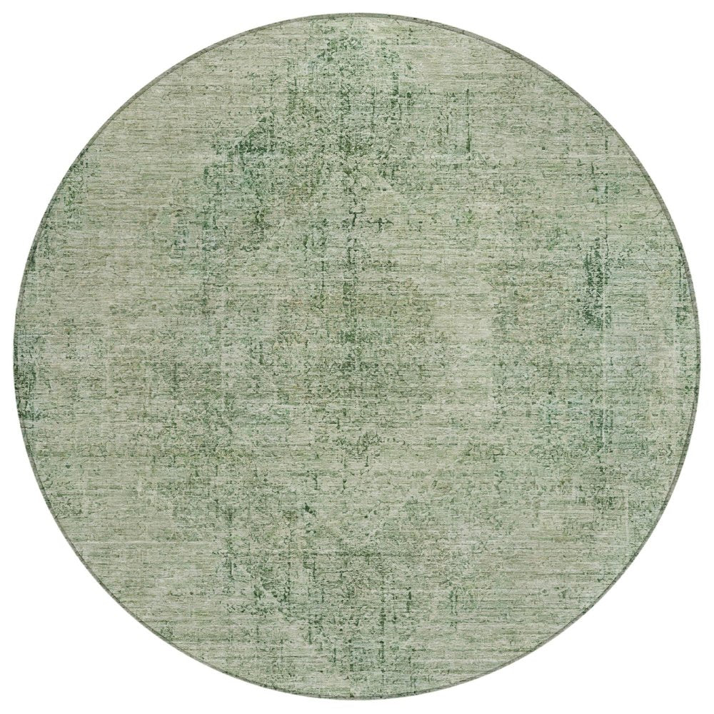 8' Green And Sage Round Oriental Washable Indoor Outdoor Area Rug