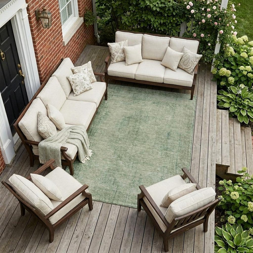 10' X 14' Green And Sage Oriental Washable Indoor Outdoor Area Rug — view 5