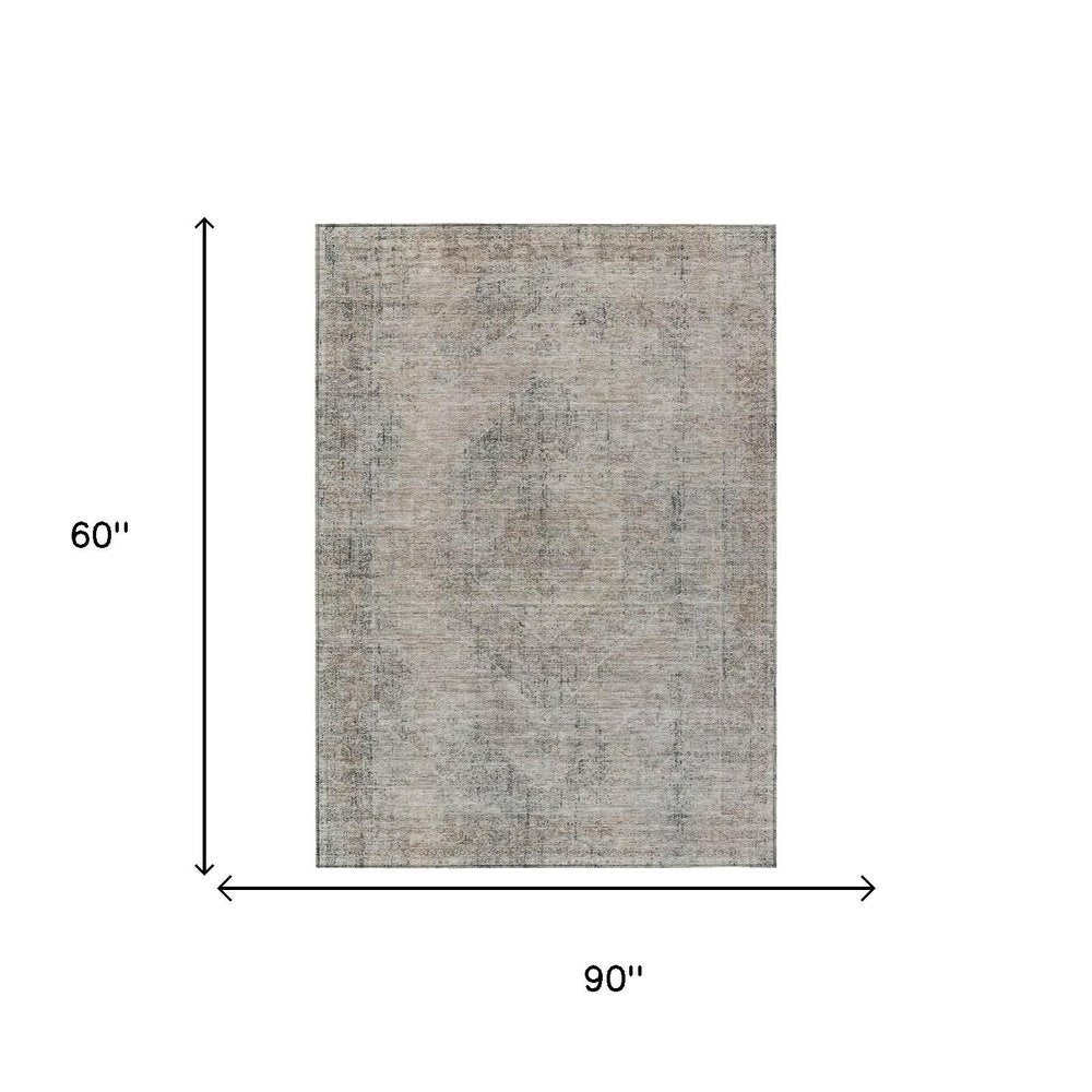 5' X 8' Beige And Brown Oriental Washable Indoor Outdoor Area Rug — view 4