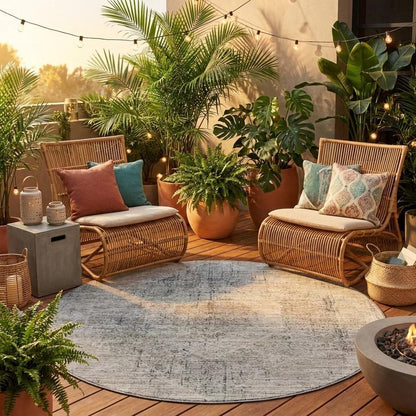 8' Beige And Brown Round Oriental Washable Indoor Outdoor Area Rug HomeRoots