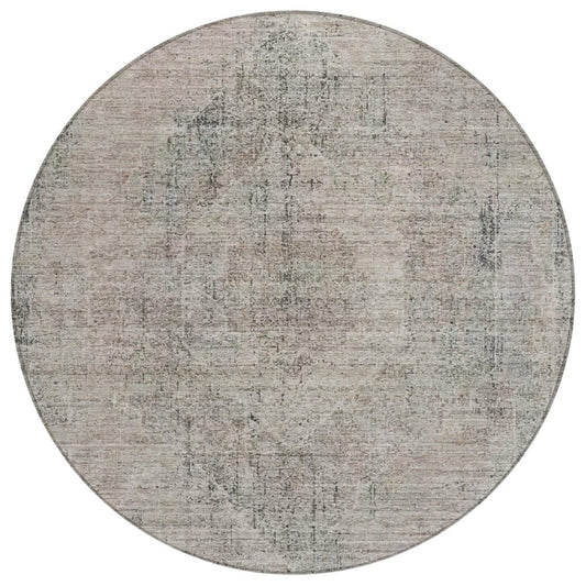 8' Beige And Brown Round Oriental Washable Indoor Outdoor Area Rug