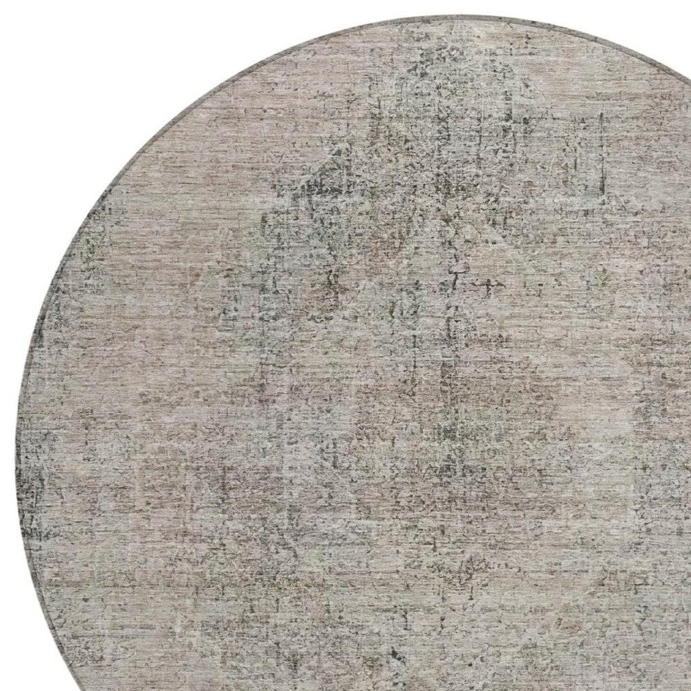 8' Beige And Brown Round Oriental Washable Indoor Outdoor Area Rug HomeRoots