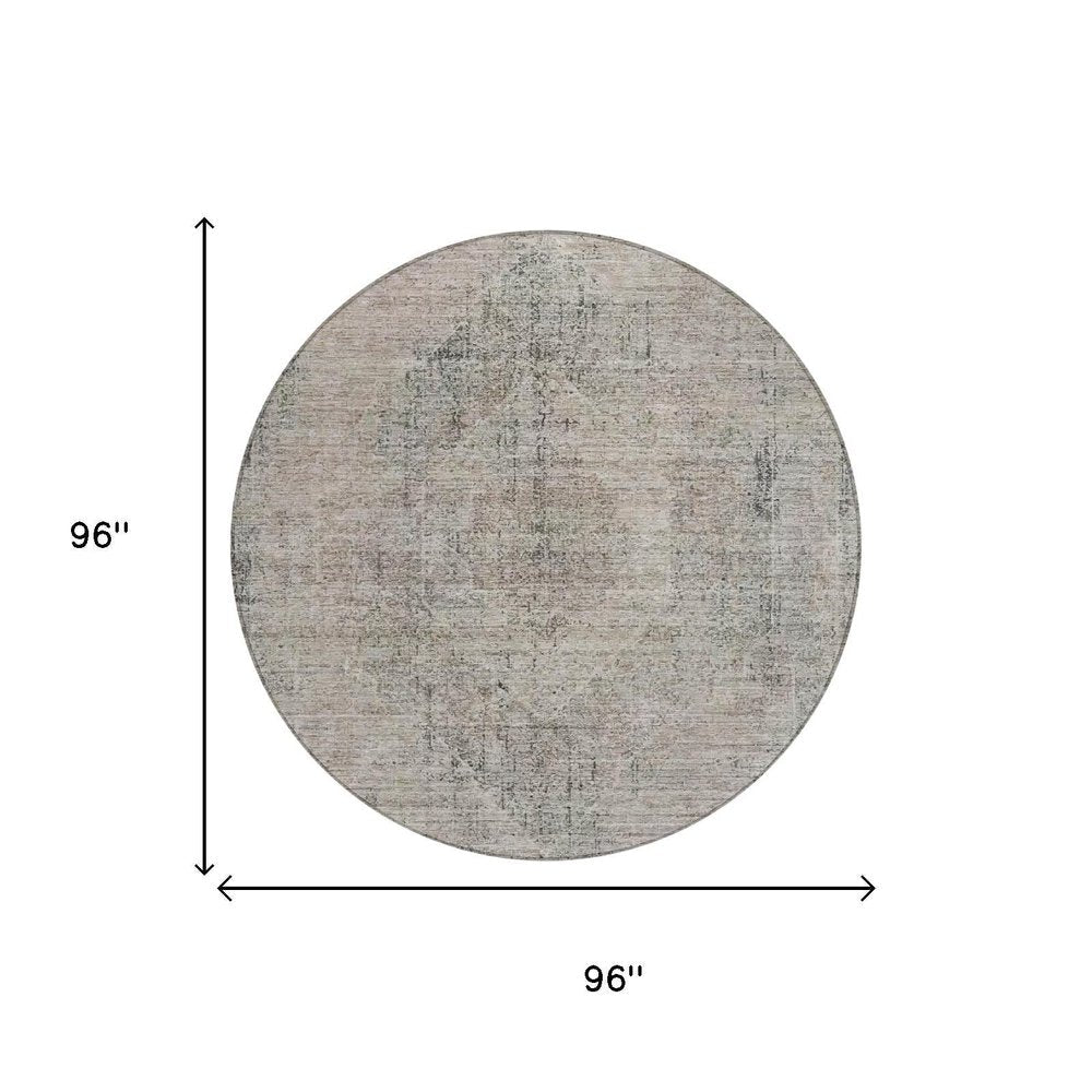 8' Beige And Brown Round Oriental Washable Indoor Outdoor Area Rug — view 4
