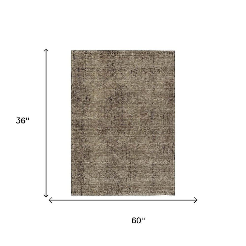 3' X 5' Brown And Taupe Oriental Washable Indoor Outdoor Area Rug — view 4