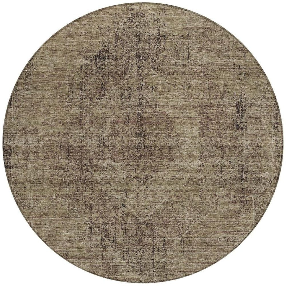 8' Brown And Taupe Round Oriental Washable Indoor Outdoor Area Rug HomeRoots
