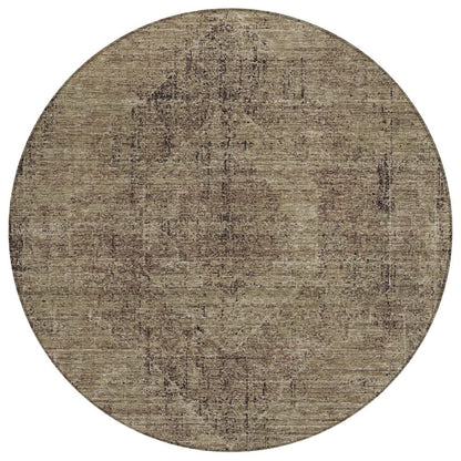 8' Brown And Taupe Round Oriental Washable Indoor Outdoor Area Rug
