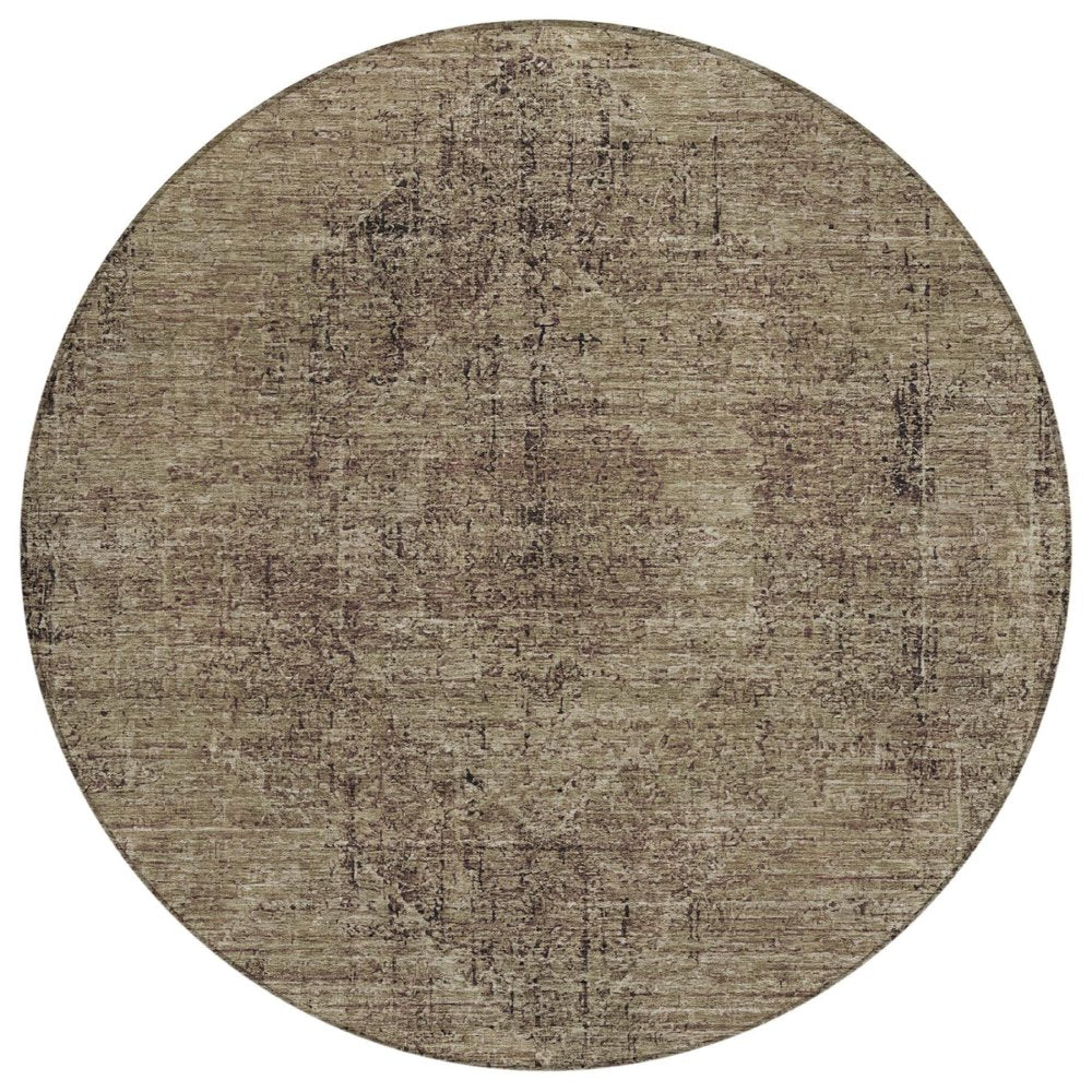 8' Brown And Taupe Round Oriental Washable Indoor Outdoor Area Rug HomeRoots