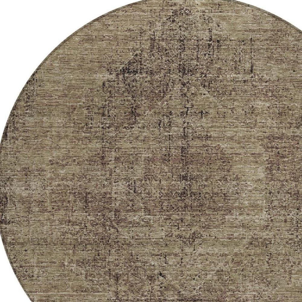 8' Brown And Taupe Round Oriental Washable Indoor Outdoor Area Rug — view 5
