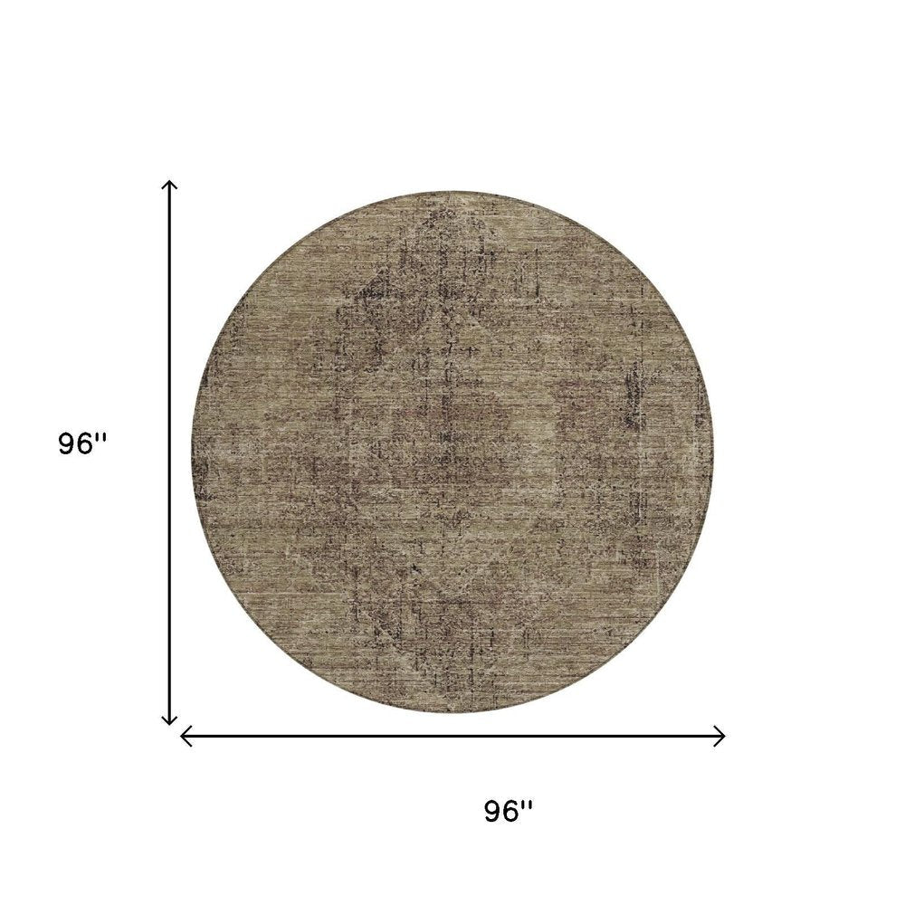8' Brown And Taupe Round Oriental Washable Indoor Outdoor Area Rug HomeRoots