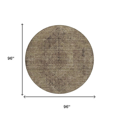 8' Brown And Taupe Round Oriental Washable Indoor Outdoor Area Rug