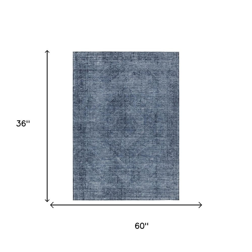 3' X 5' Denim Blue And Blue Oriental Washable Indoor Outdoor Area Rug — view 4