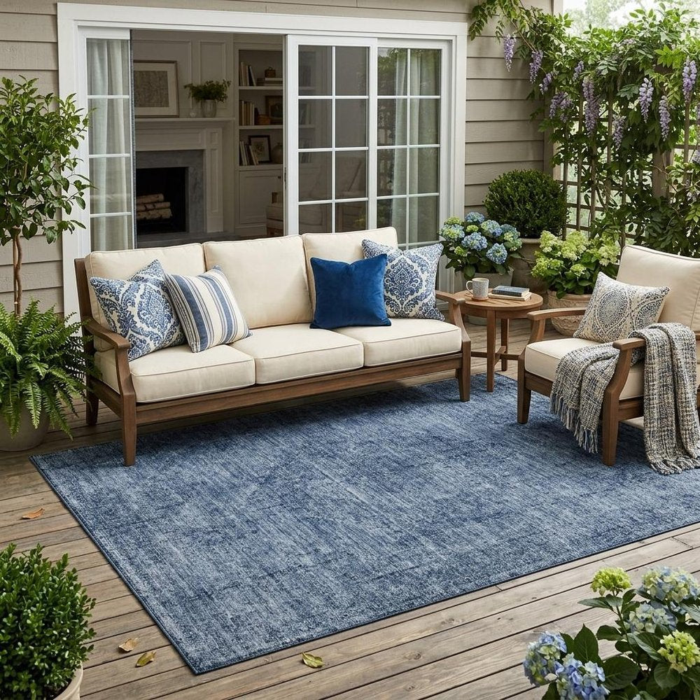 5' X 8' Denim Blue And Blue Oriental Washable Indoor Outdoor Area Rug — view 5