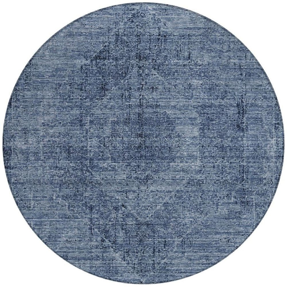8' Denim Blue And Blue Round Oriental Washable Indoor Outdoor Area Rug HomeRoots