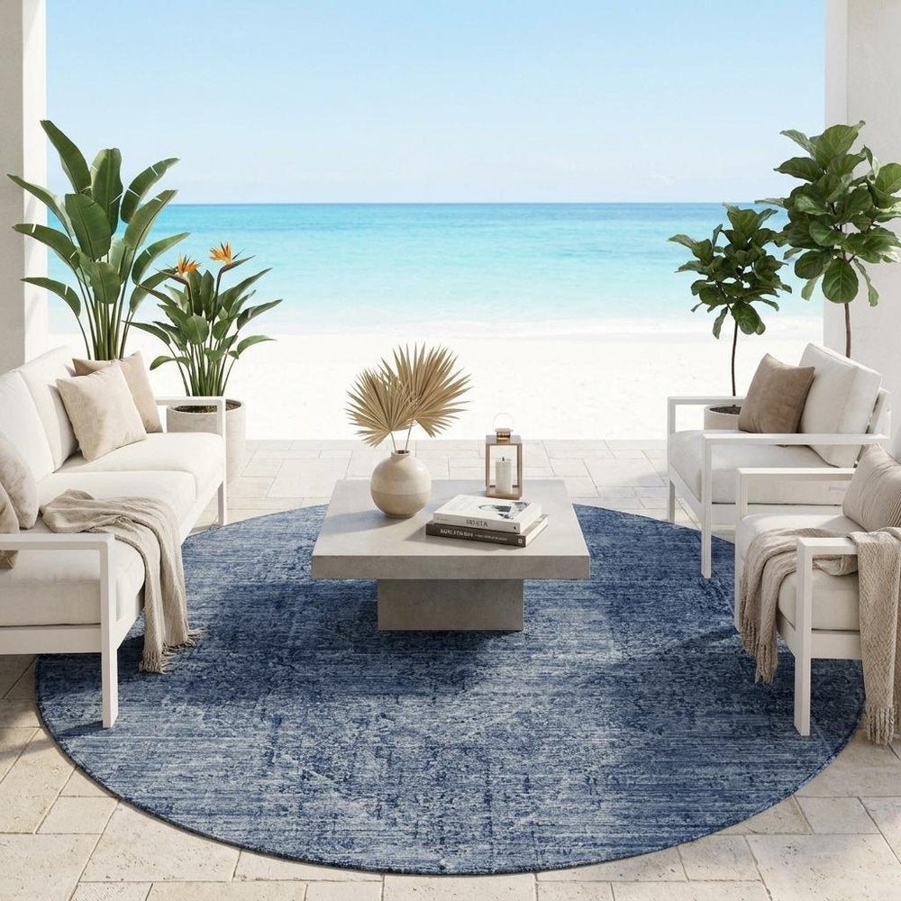 8' Denim Blue And Blue Round Oriental Washable Indoor Outdoor Area Rug HomeRoots